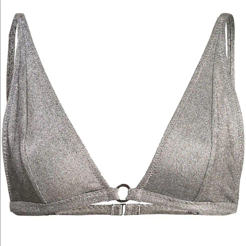 Designer silver shiny bikini top.